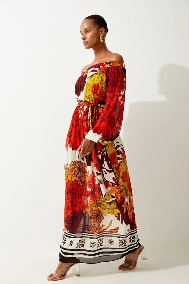 Dresses Women Karen Millen Viscose Georgette Border Print Maxi Beach Dress Orange
