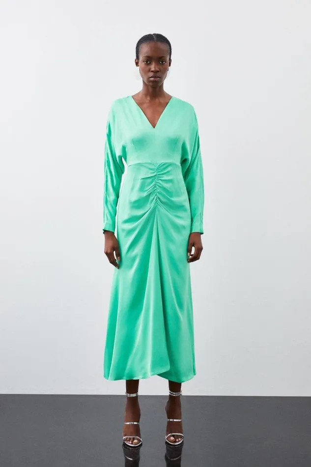 Dresses Women Karen Millen Viscose Satin Batwing Long Sleeve Midi Dress Green