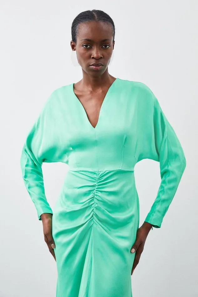 Dresses Women Karen Millen Viscose Satin Batwing Long Sleeve Midi Dress Green