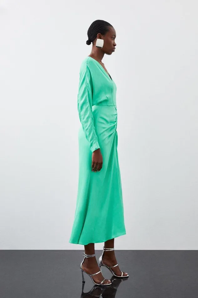 Dresses Women Karen Millen Viscose Satin Batwing Long Sleeve Midi Dress Green