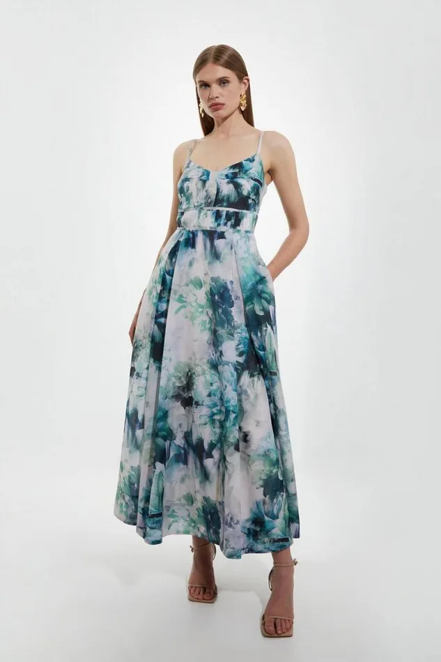 Dresses Women Karen Millen Watercolour Cotton Voile Strappy Woven Maxi Dress Blue