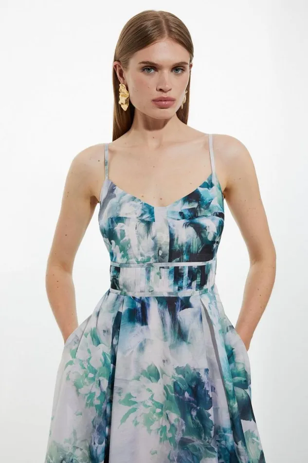Dresses Women Karen Millen Watercolour Cotton Voile Strappy Woven Maxi Dress Blue