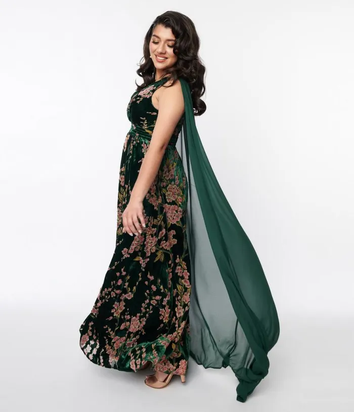 Emerald and Cherry Blossom Velvet Cape Maxi Dress DressesPlus Unique Vintage Midi and Maxi