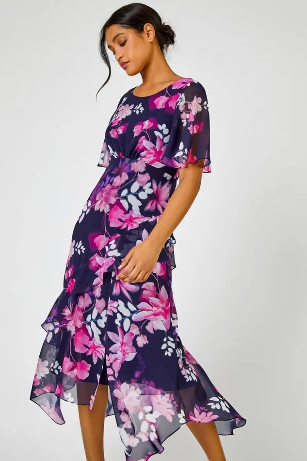 Floral Chiffon Frill Asymmetric Midi Dress Women Roman Dresses