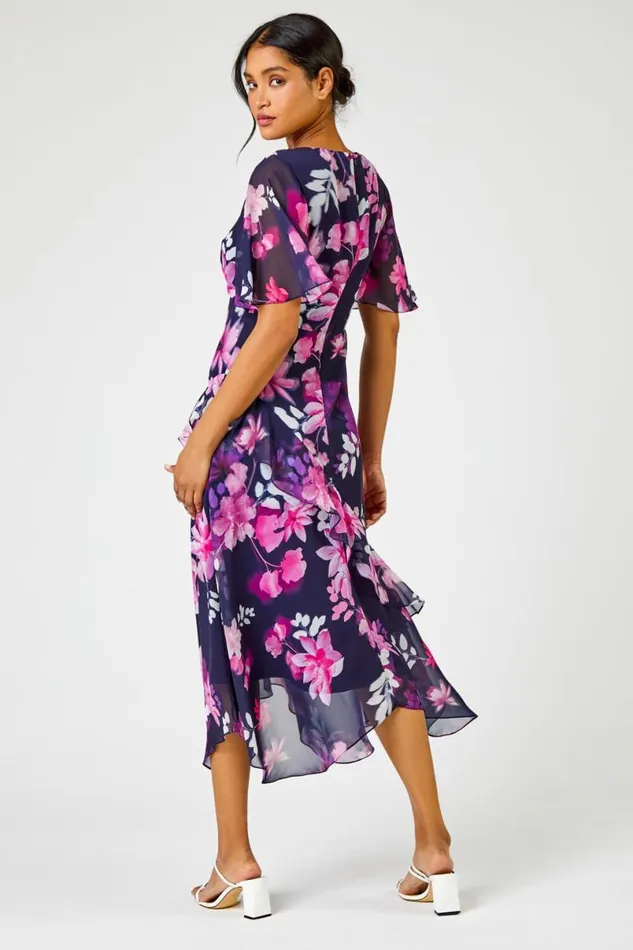 Floral Chiffon Frill Asymmetric Midi Dress Women Roman Dresses