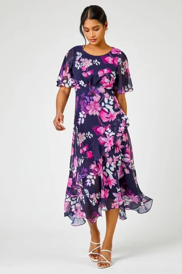 Floral Chiffon Frill Asymmetric Midi Dress Women Roman Dresses