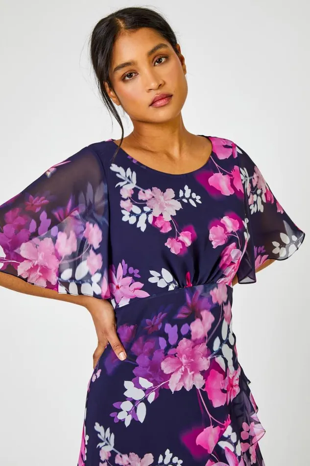 Floral Chiffon Frill Asymmetric Midi Dress Women Roman Dresses