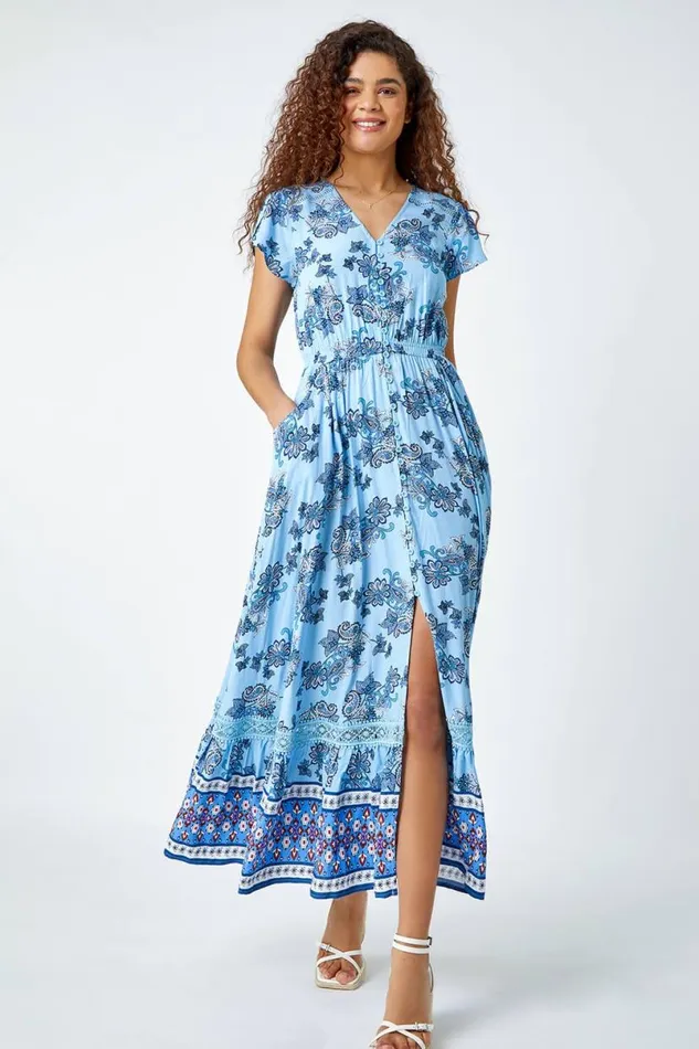 Floral Print Shirred Waist Maxi Dress Women Roman Dresses