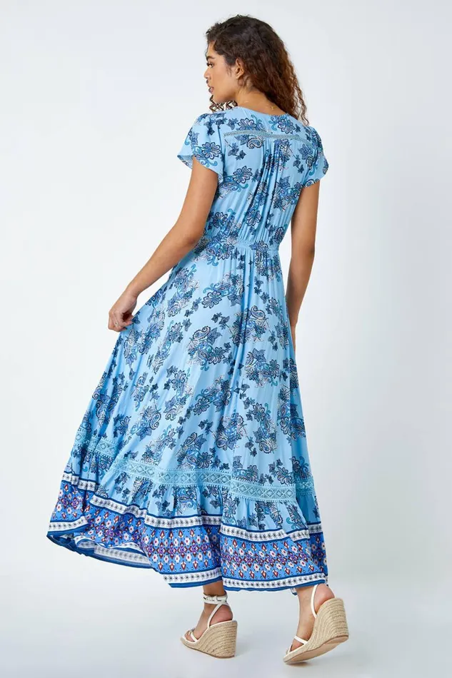 Floral Print Shirred Waist Maxi Dress Women Roman Dresses