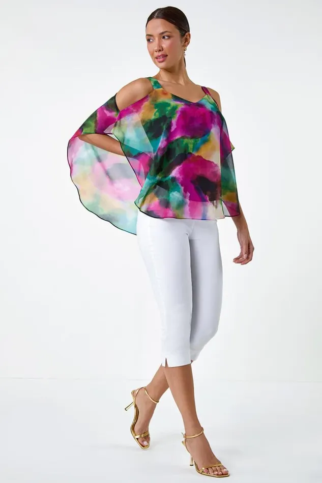 Forest Abstract Print Cold Shoulder Overlay Top Women Roman Tops