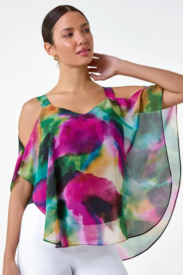 Forest Abstract Print Cold Shoulder Overlay Top Women Roman Tops