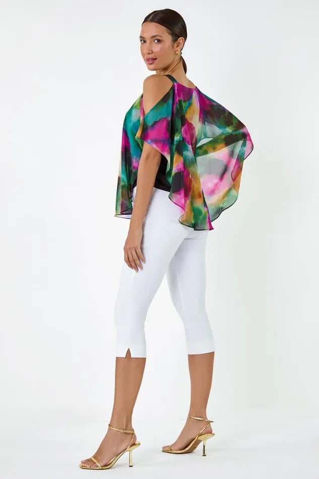 Forest Abstract Print Cold Shoulder Overlay Top Women Roman Tops