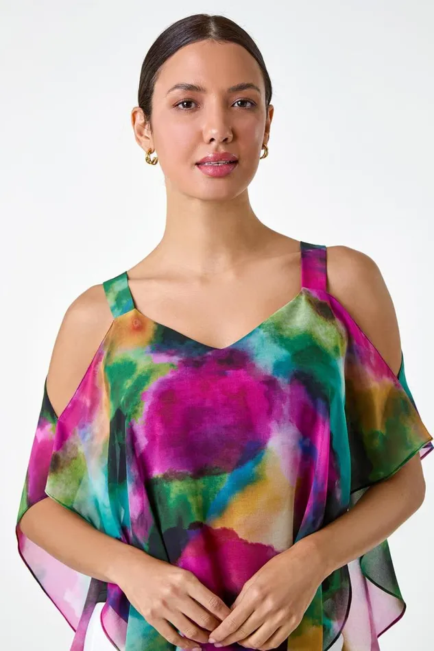 Forest Abstract Print Cold Shoulder Overlay Top Women Roman Tops