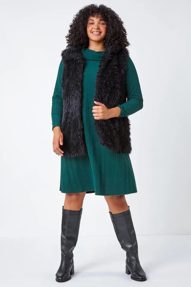 Forest Curve Roll Neck Ribbed Stretch Dress Women Roman Dresses
