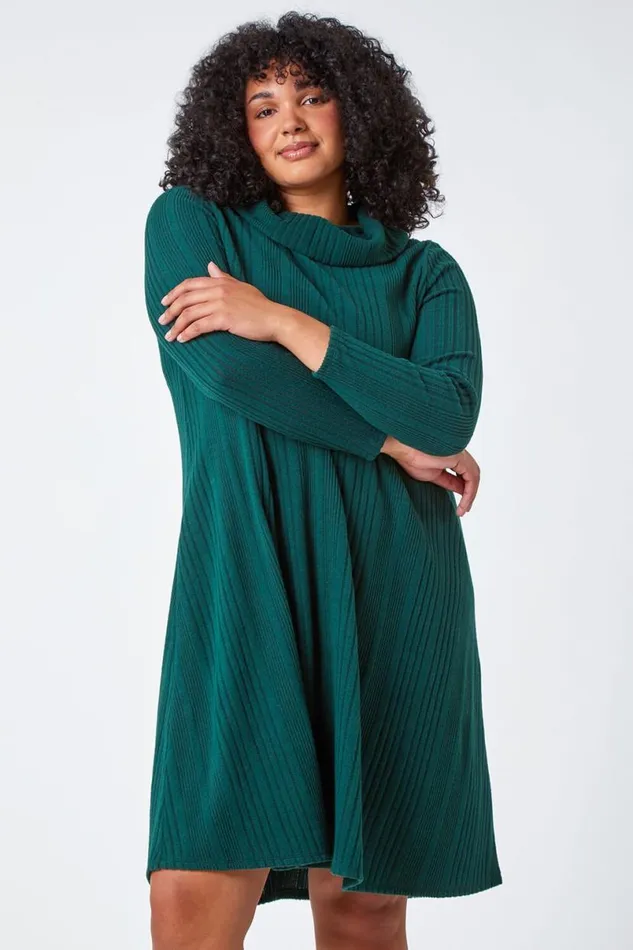 Forest Curve Roll Neck Ribbed Stretch Dress Women Roman Dresses