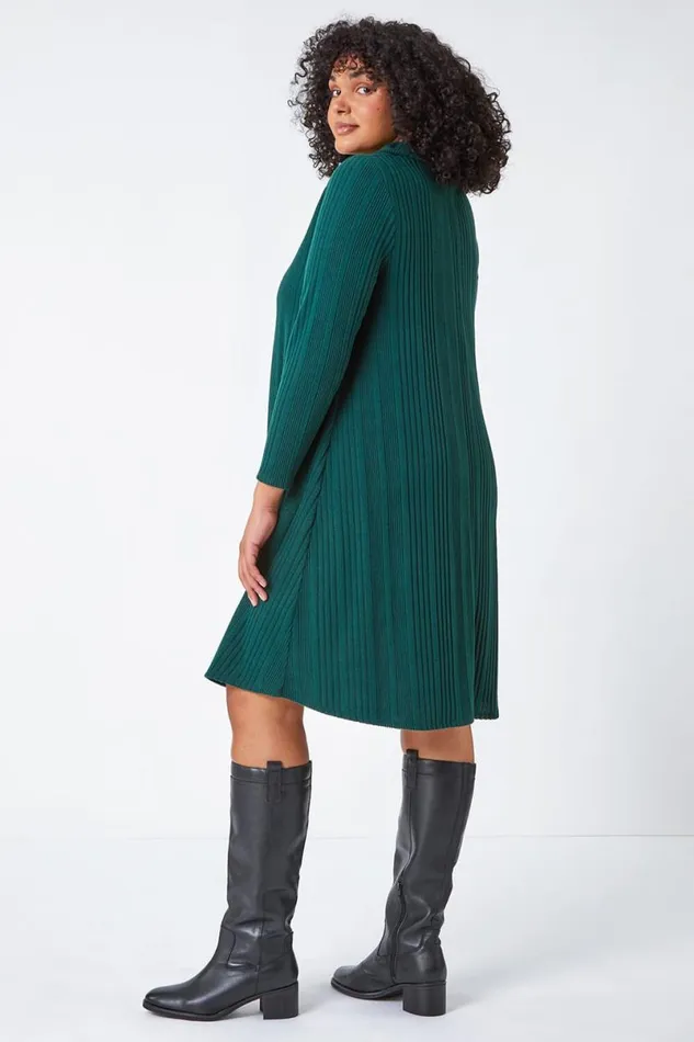 Forest Curve Roll Neck Ribbed Stretch Dress Women Roman Dresses
