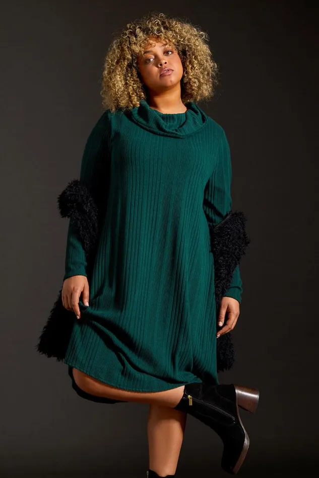 Forest Curve Roll Neck Ribbed Stretch Dress Women Roman Dresses