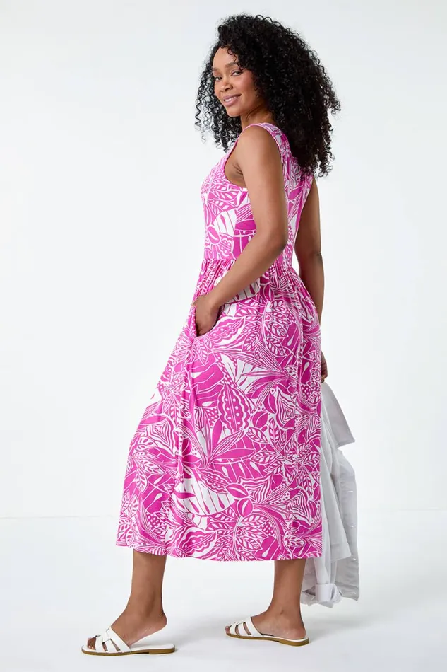 Fuchisa Petite Tropical Stretch Jersey Pocket Dress Women Roman Dresses