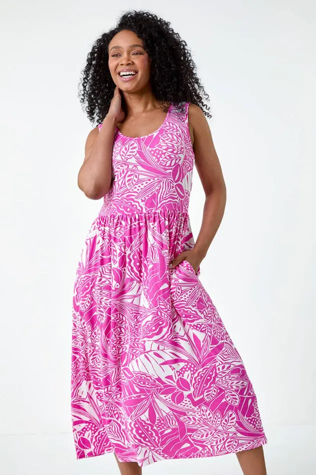 Fuchisa Petite Tropical Stretch Jersey Pocket Dress Women Roman Dresses