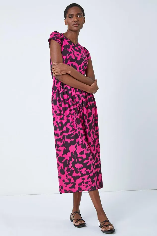 Fuchsia Abstract Print Gathered Skirt Midi Dress Women Roman Dresses