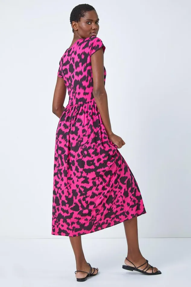 Fuchsia Abstract Print Gathered Skirt Midi Dress Women Roman Dresses