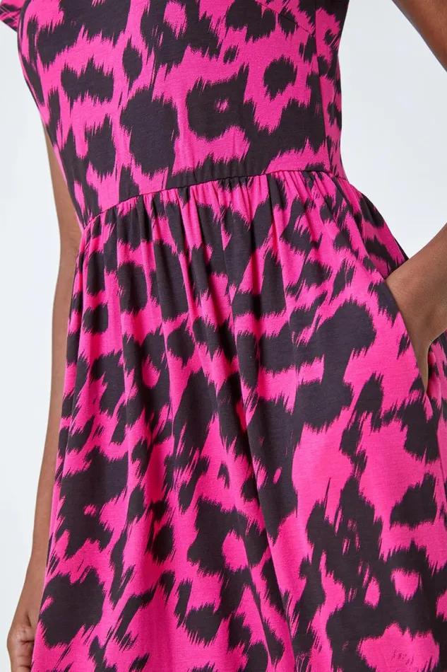 Fuchsia Abstract Print Gathered Skirt Midi Dress Women Roman Dresses