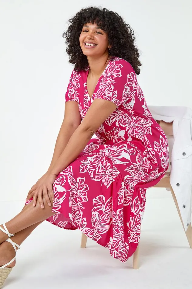 Fuchsia Curve Floral Print Tiered Midi Dress Women Roman Dresses