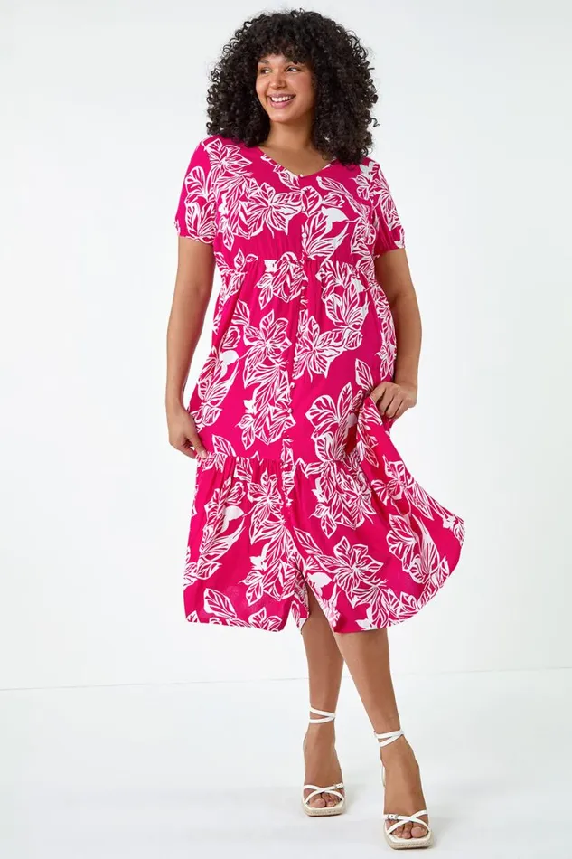 Fuchsia Curve Floral Print Tiered Midi Dress Women Roman Dresses