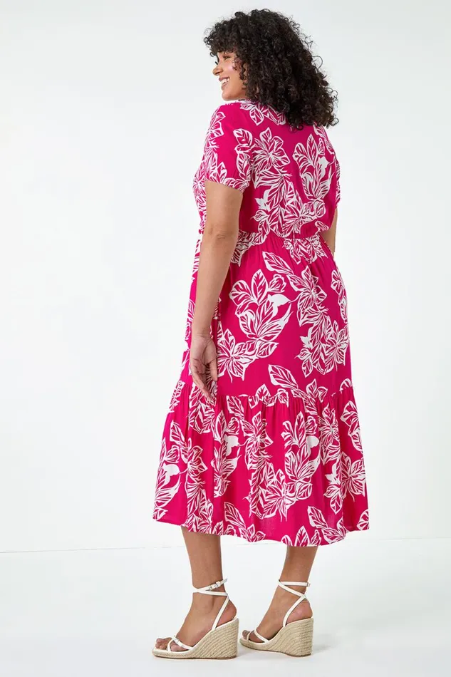 Fuchsia Curve Floral Print Tiered Midi Dress Women Roman Dresses