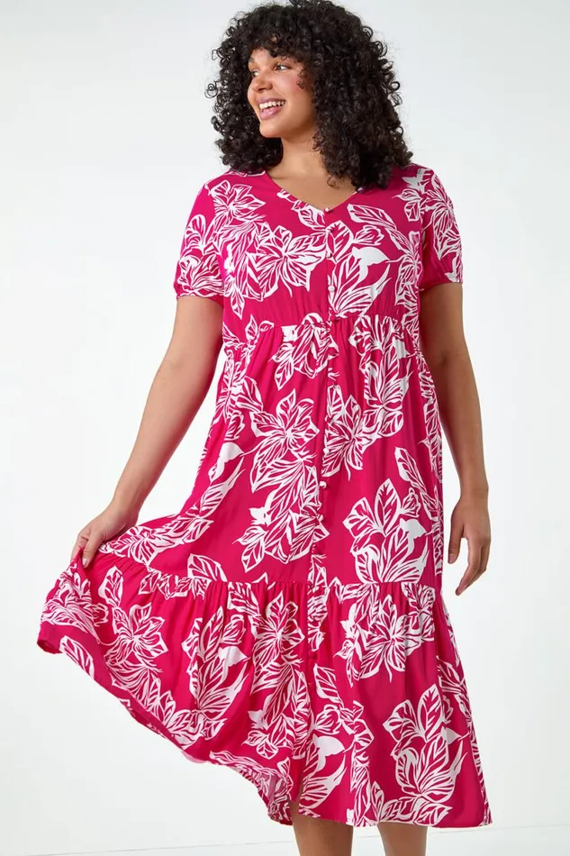 Fuchsia Curve Floral Print Tiered Midi Dress Women Roman Dresses