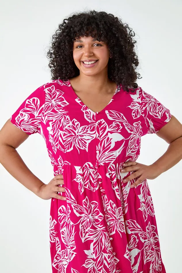 Fuchsia Curve Floral Print Tiered Midi Dress Women Roman Dresses