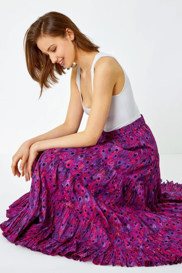 Fuchsia Feather Print Tiered Cotton Maxi Skirt Women Roman Skirts
