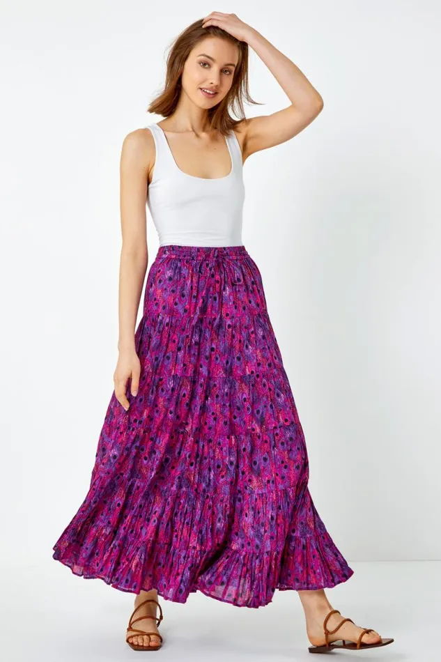 Fuchsia Feather Print Tiered Cotton Maxi Skirt Women Roman Skirts