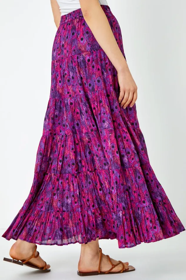 Fuchsia Feather Print Tiered Cotton Maxi Skirt Women Roman Skirts
