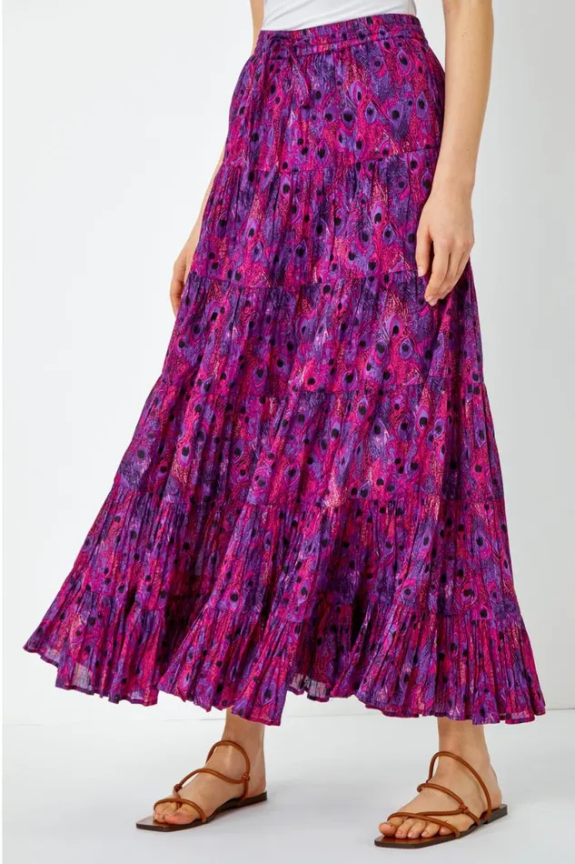 Fuchsia Feather Print Tiered Cotton Maxi Skirt Women Roman Skirts