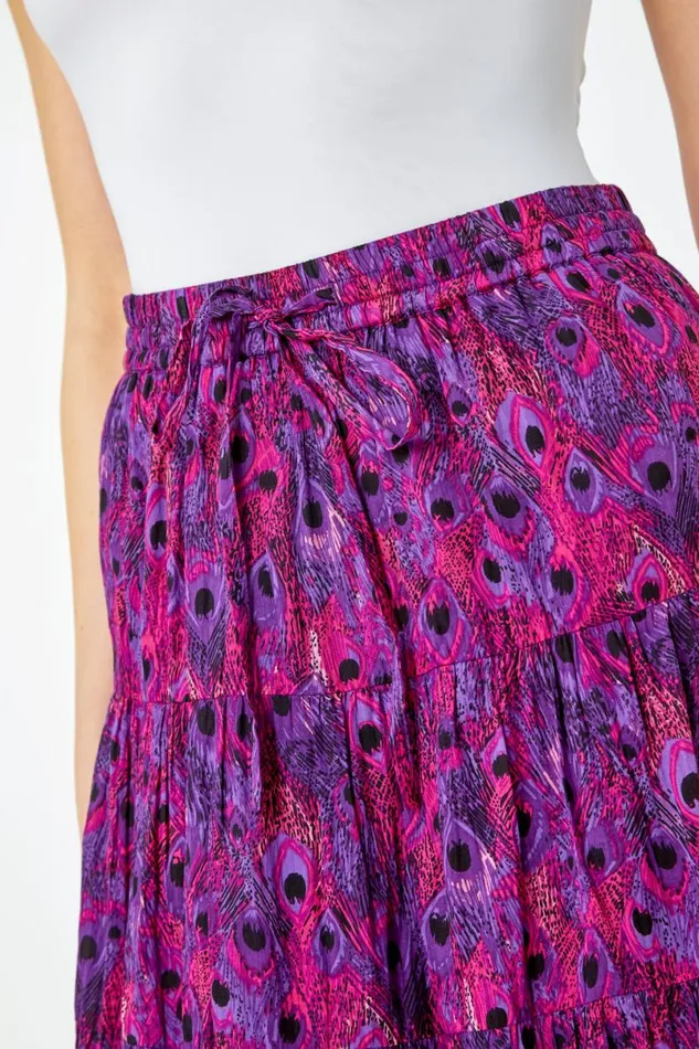 Fuchsia Feather Print Tiered Cotton Maxi Skirt Women Roman Skirts