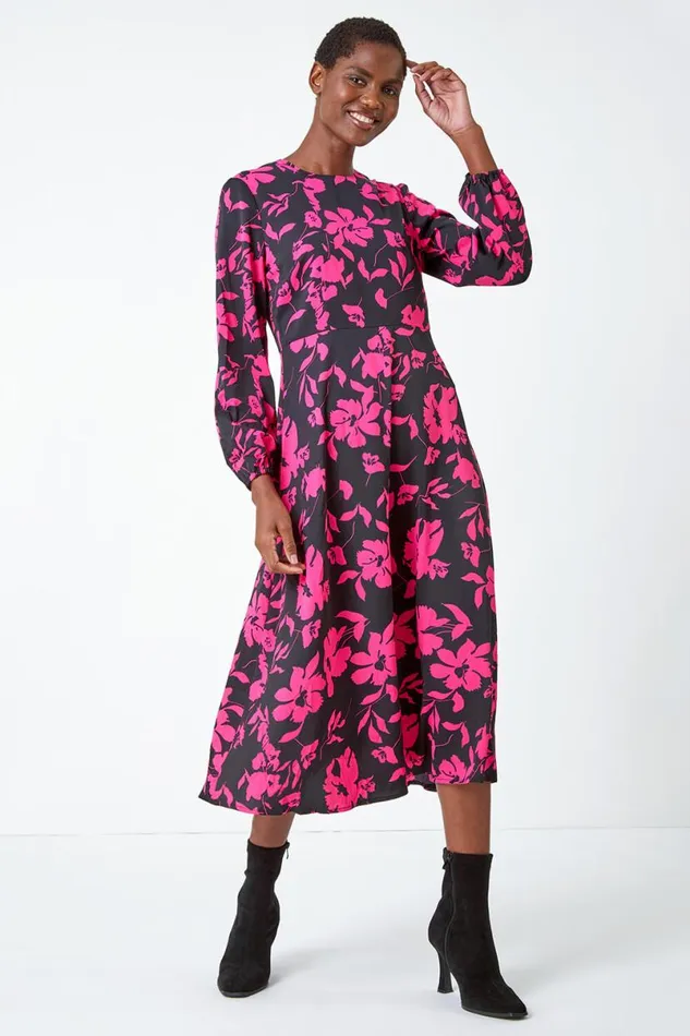Fuchsia Floral Contrast Print Midi Dress Women Roman Dresses