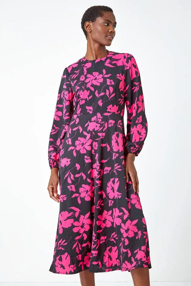 Fuchsia Floral Contrast Print Midi Dress Women Roman Dresses