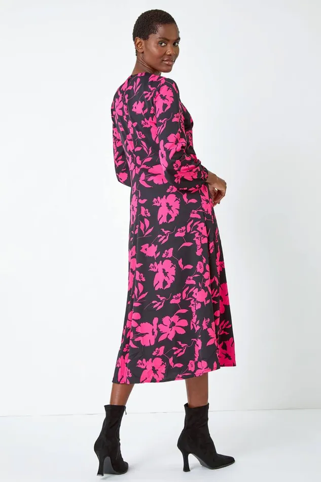 Fuchsia Floral Contrast Print Midi Dress Women Roman Dresses
