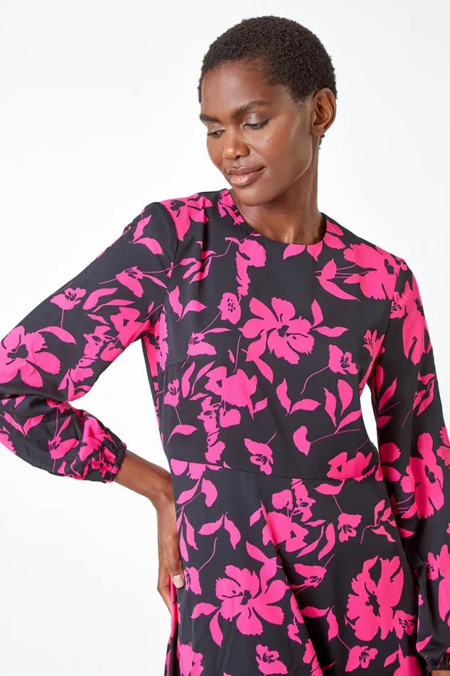 Fuchsia Floral Contrast Print Midi Dress Women Roman Dresses