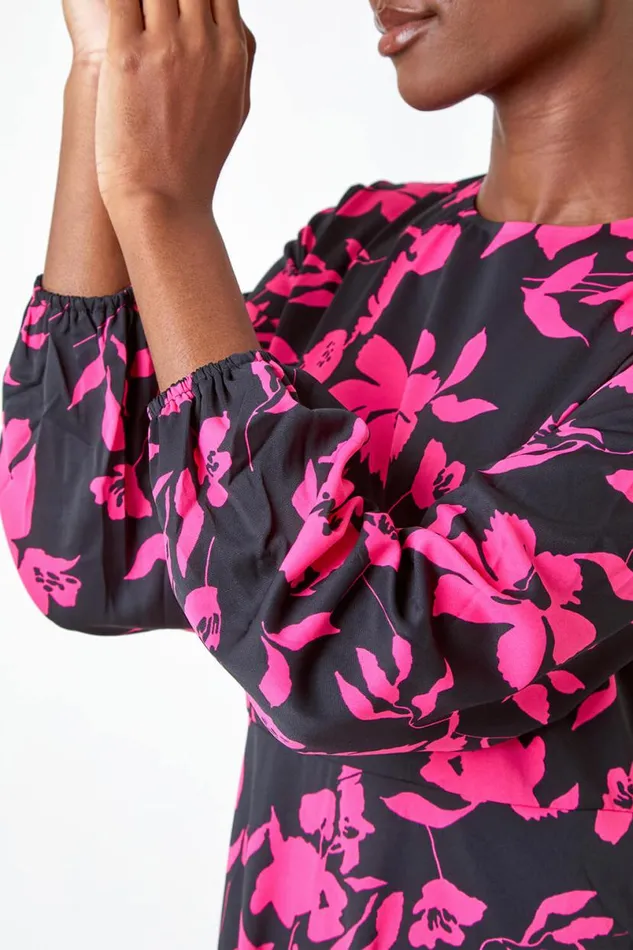 Fuchsia Floral Contrast Print Midi Dress Women Roman Dresses