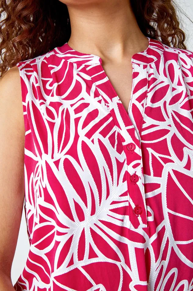 Fuchsia Sleeveless VNeck Linear Print Stretch Top Women Roman Tops