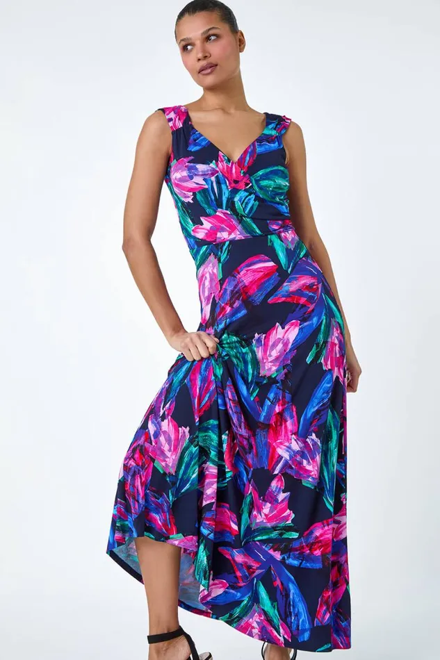 Fuchsia Tropical Floral Print Wrap Maxi Dress Women Roman Dresses