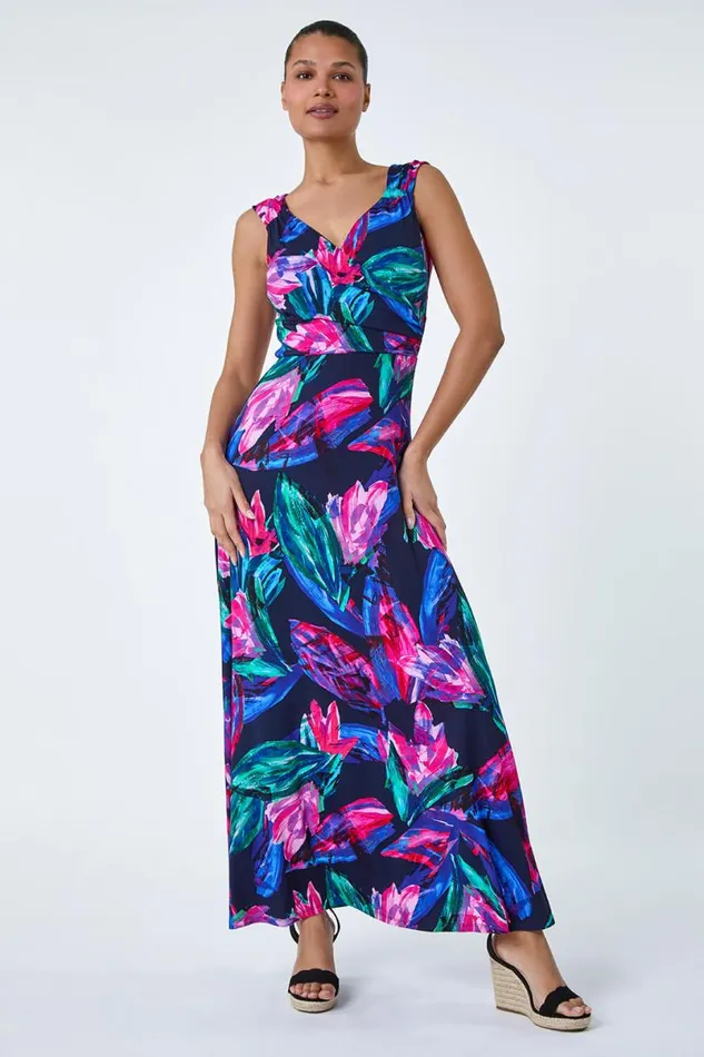 Fuchsia Tropical Floral Print Wrap Maxi Dress Women Roman Dresses