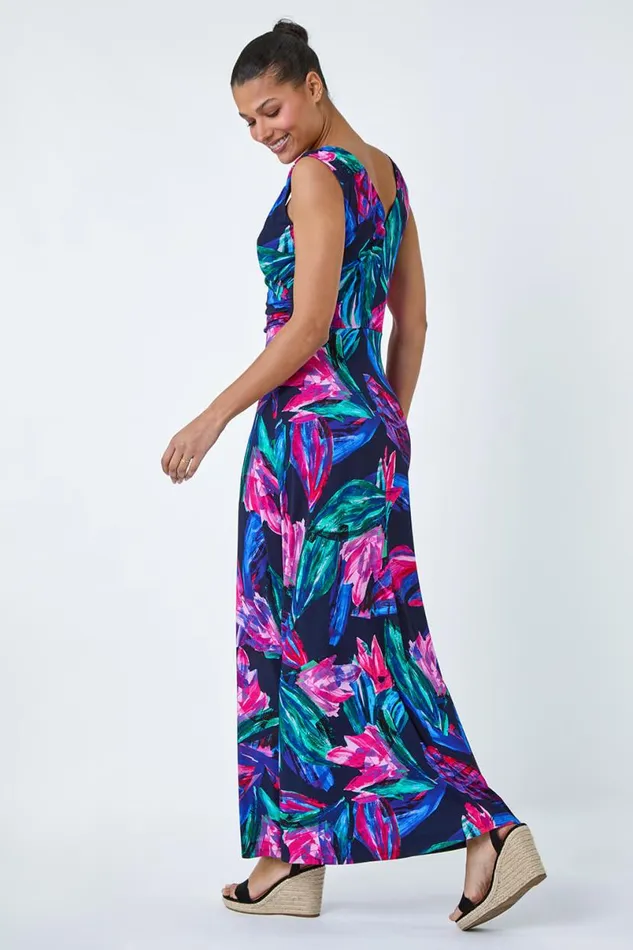 Fuchsia Tropical Floral Print Wrap Maxi Dress Women Roman Dresses