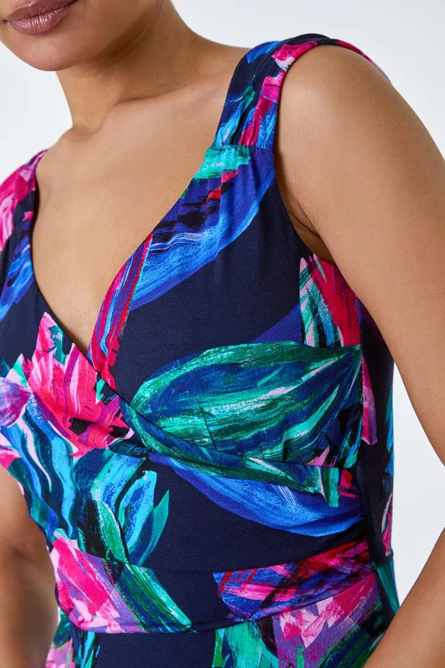 Fuchsia Tropical Floral Print Wrap Maxi Dress Women Roman Dresses