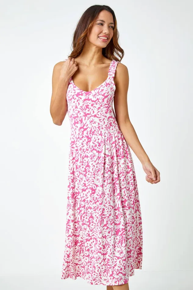 Fuschia Sleeveless Floral Midi Stretch Dress Women Roman Dresses