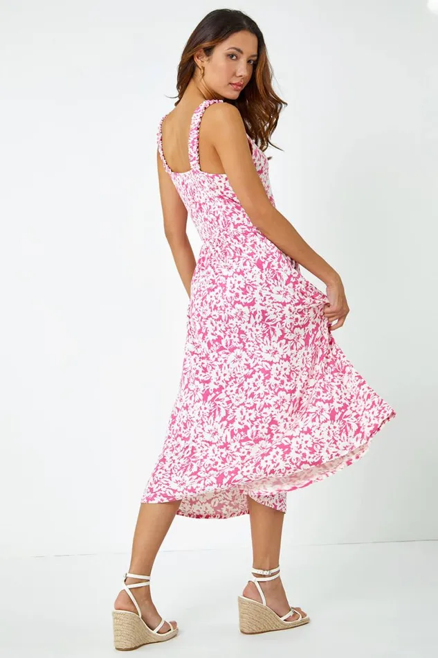 Fuschia Sleeveless Floral Midi Stretch Dress Women Roman Dresses