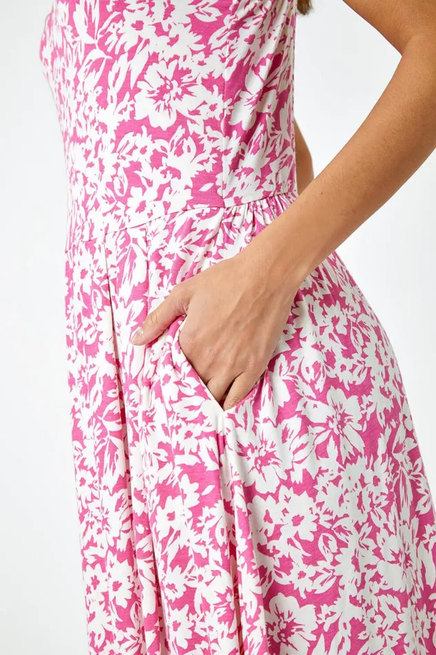 Fuschia Sleeveless Floral Midi Stretch Dress Women Roman Dresses