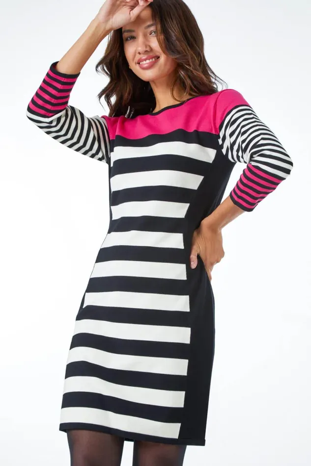 Fushcia Colour Block Knitted Stripe Dress Women Roman Dresses